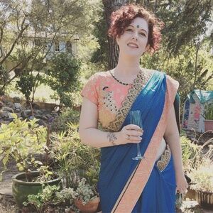 Vibrant Orange and Blue Embroidered Saree set